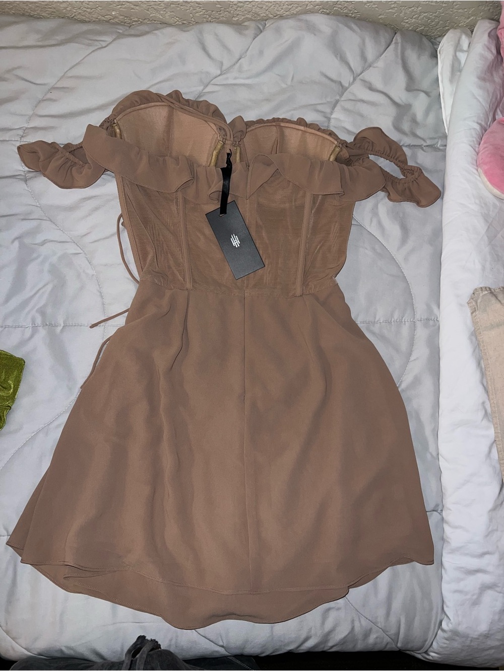 Ruched Off-Shoulder Mini Dress in Nude - Picture 3 of 3